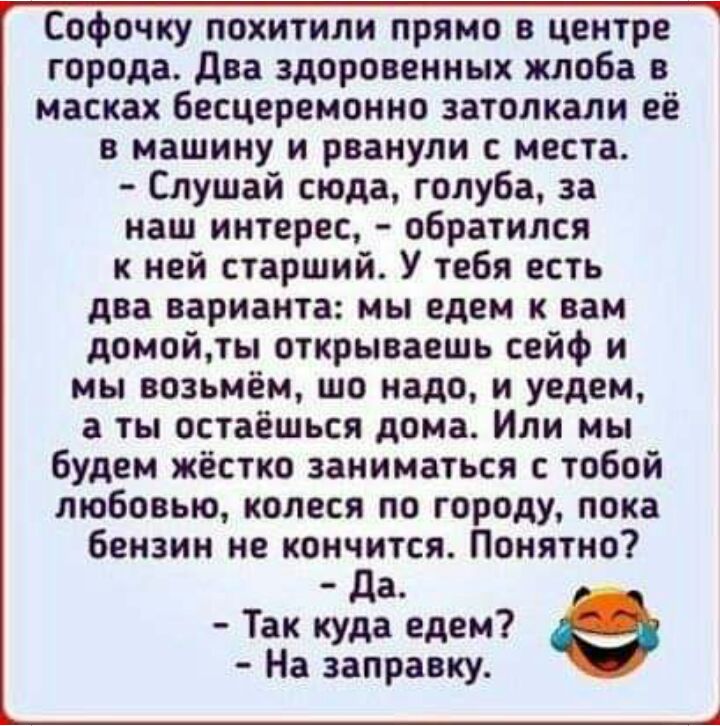 Софочку похитили прямо в центре города два здоровенных жлоба в масках бесцеремонно затолкали её в машину и рванули с места Слушай сюда голуба за наш интерес обратился к ней старший У тебя есть два варианта мы едем к вам домойты открываешь сейф и мы возьмём то надо и уедем а ты остаешься дома Или мы будем жёстко заниматься с тобой любовью колеся по городу пока бензин не кончится Понятно да Так куда