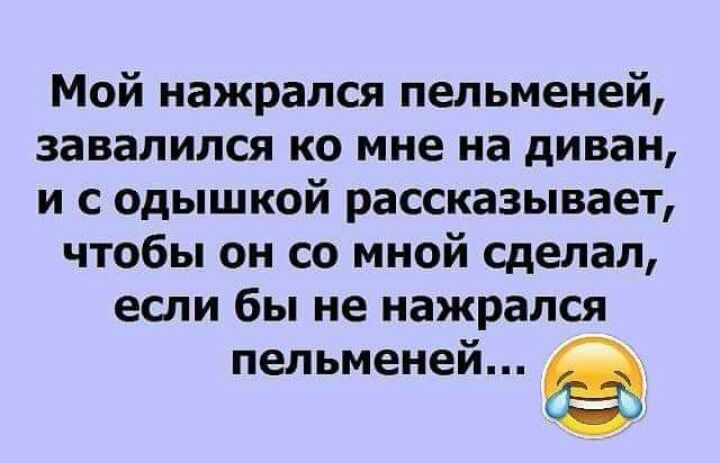 Мой нажрался пельменей завалился ко мне на диван и с одышкой рассказывает чтобы он со мной сделал если бы не нажрался пельменей