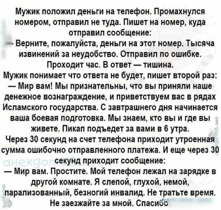 Мужик положил деньги на телефон Промахнулся номером отправил не туда Пишет на номер куда отправил сообщение Верните пожалуйста деньги на этот номер Тысяча извинений за неудобство Отправил по ошибке Проходит час В ответ тишина Мужик понимает что ответа не будет пишет второй раз Мир нам Мы признательны что вы приняли наше денежное вознаграждение и приветствуем вас в рядах Исламского государства С за