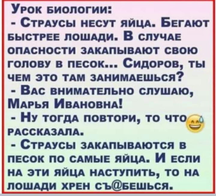 Урок Биологии Стгдусы несут яйцд БЕГАЮТ БЫСТРЕЕ пошдди В спучдв опдсности здкдпывдют свою голову в песок Сидоров ты чем это тдм зднимдвшься ВАС внимдтепьно слушно МАРЬЯ Ивдновнд НУ тогдА повтоги то что а РАССКАЗАЛА Стгмсы здкдпывдются в песок по САМЫЕ яйцд И если нд эти яйщ ндступить то НА пошдди хрен съвешься