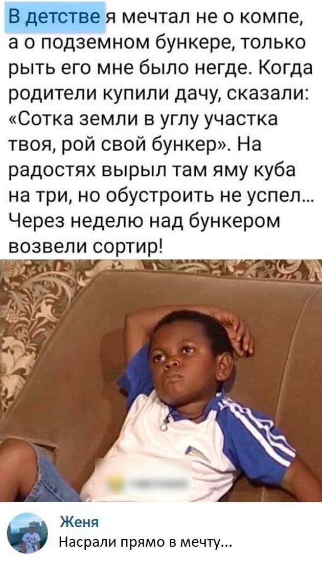 В детстве я мечтал не о компе а о подземном бункере только рыть его мне было негде Когда родители купили дачу сказали Сотка земли в углу участка твоя рой свой бункер На радостях вырыл там яму куба на три но обустроить не успел Через неделю над бункером возвели сортир Женя Насрали прямо в мечту