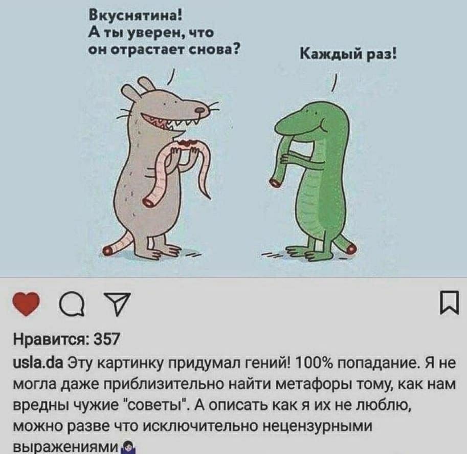 Вкуснятина А ты уверен что он отрастает снова Каждый раз _ _ С П Нравится 357 изіада Эту картинку придумал гений 100 попадание Я не могла даже приблизительно найти метафоры тому как нам вредны чужие советы А описать как я их не люблю можно разве что исключительно нецензурными выражениями а
