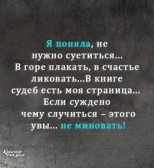 Я поняла не нужно суетиться В горе плакать в счастье ликоватьв книге судеб есть моя страница Если суждено чему случиться этого увы не миновать
