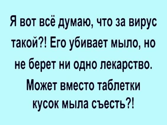 Я вот всё думаю что за вирус такой Его убивает мыло но не берет ни одно лекарство Может вместо таблетки кусок мыла съесть