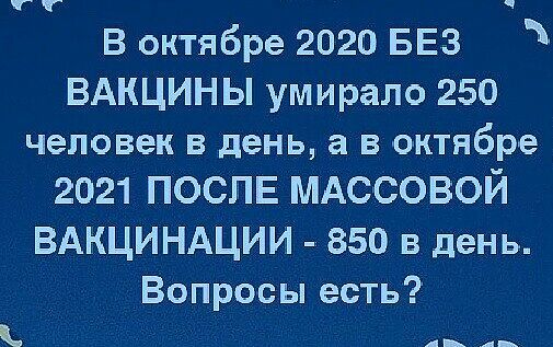 гг В октябре 2020 БЕЗ ВАКЦИН Ы умирало 250 человек В день а В октябре 2021 поспв МАССОВОЙ ВАКЦИНАЦИИ 850 в день Вопросы есть 4_ __