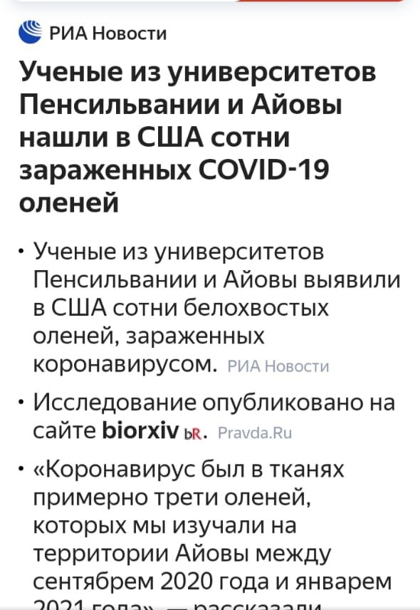 Ё РИА Новости Ученые из университетов Пенсильвании и Айовы нашли в США сотни зараженных СОЭ 19 оленей Ученые из университетов Пенсильвании и Айовы выявили в США сотни белохвостых оленей зараженных коронавирусом ц Исследование опубликовано на сайте Ьіогхіу ьн ги Коронавирус был в тканях примерно трети оленей которых мы изучали на территории Айовы между сентябрем 2020 года и январем П1 пхп _и чггич 