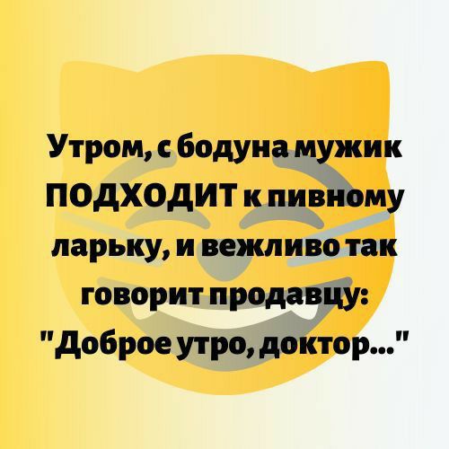 Утром бодуна мужик ПОДХОДИТ к пивиому парьку и вежливо так говорит продавцу доброе утро доктор