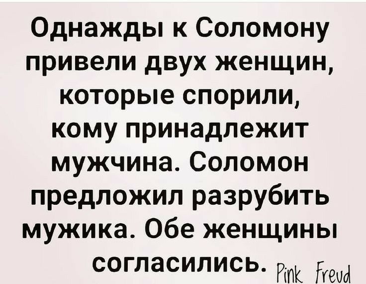 Однажды к Соломону привели двух женщин которые спорили кому принадлежит мужчина Соломон предложил разрубить мужика Обе женщины согласились