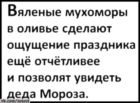 Вяленые мухоморы в оливье сделают ощущение праздника ещё отчётливее И ПОЗВОЛЯТ увидеть деда Мороза мышц ы