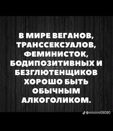 В МИРЕ ВЕГАНОВ ТРАНССЕКСУАЛОВ ФЕМИНИСТОК БОдИПОЗИТИВНЫХ И БЕЗГЛЮТЕНЩИКОВ ХОРОШО БЫТЬ ОБЫЧНЫМ МКОГОЛИКОМ дтпт08080