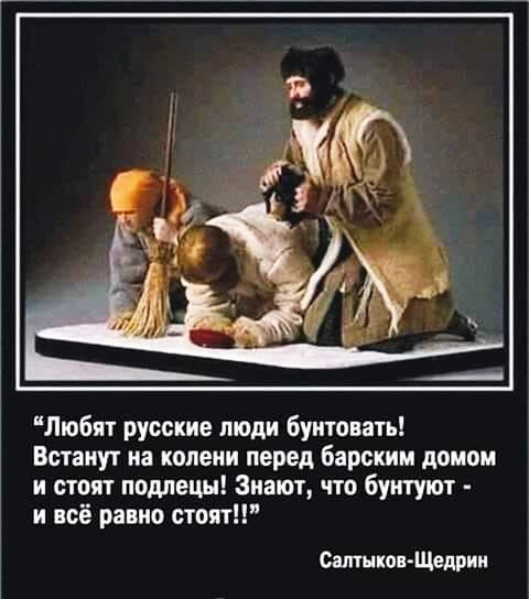 Любят русские люди бунтовать Встаиуг на колени перед барским домом и стоит подлецн Знают что буитуют и всё равно стоят СалтыковЩедрин