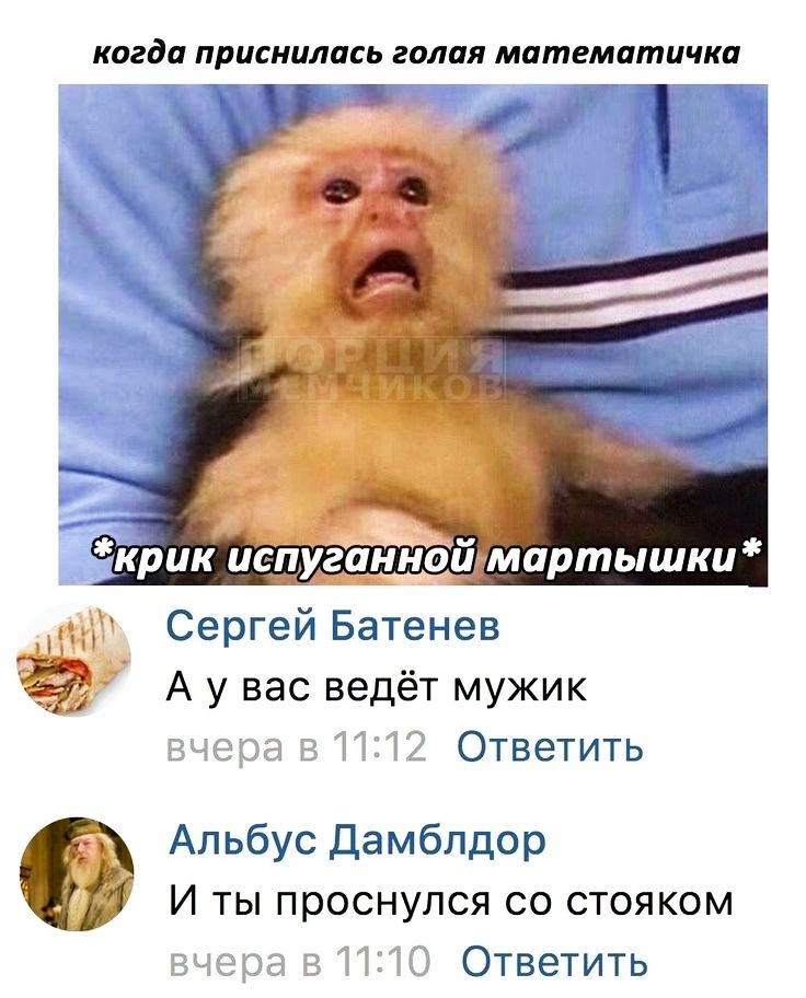 когда приснилась голая митематичка _ Т Т крик испуёцнно й мартышки Х Сергей Батенев А у вас ведёт мужик Ответить Апьбус Дамблдор И ты проснулся со стояком Ответить