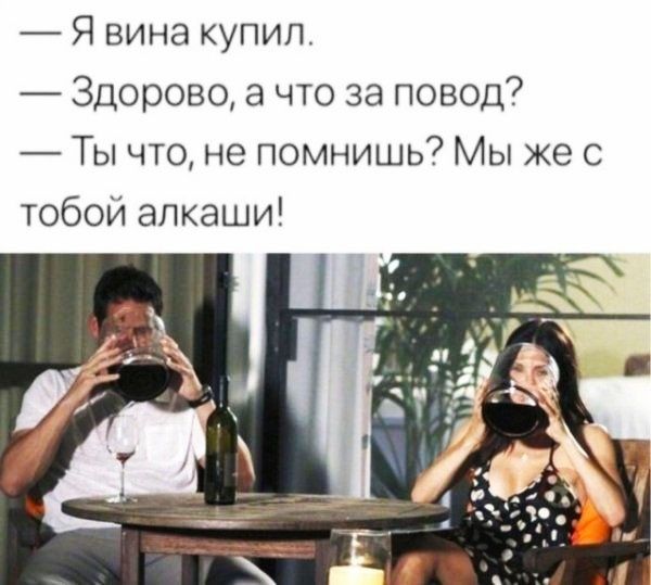 Я вина купил Здорово а что за повод Ты что не помнишь Мы же с тобой алкаши