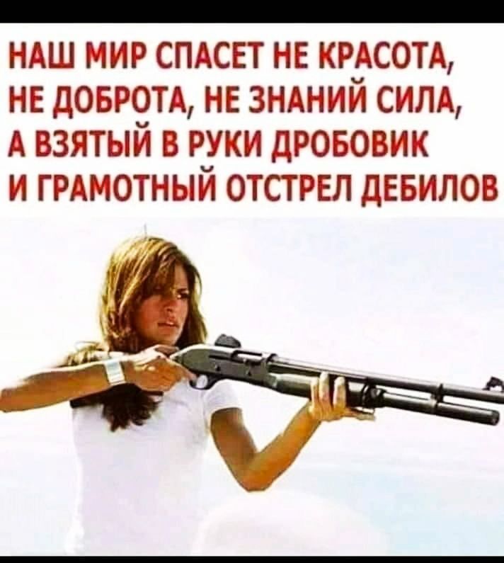 _ НАШ МИР СПАСЕТ НЕ КРАСОТА НЕ дОБРОТА НЕ ЗНАНИЙ СИЛА А ВЗЯТЫИ В РУКИ дРОБОВИК И ГРАМОТНЫИ ОТСТРЕЛ дЕБИЛОВ