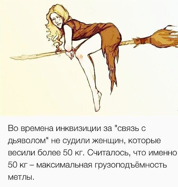 Во времена инквизиции за связь с дьяволом не судили женщин которые весили более 50 кг Считалось что именно 50 кг максимальная грузоподъёмность метлы