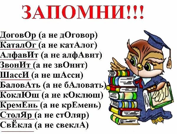 ЗАПОМНИ ДоговОр а не дОговор КаталОг а не катАлог АлфавИт не алфАвит ЗвонИт и не звОнит ШассИ а не шАсси БаловАть а не бАловать _ __ КоклЮш а не кОклюш Е 1 А КвемЕнь а не крЕмень Е т СтолЯр а не стОляр т СвЁкла а не свеклА