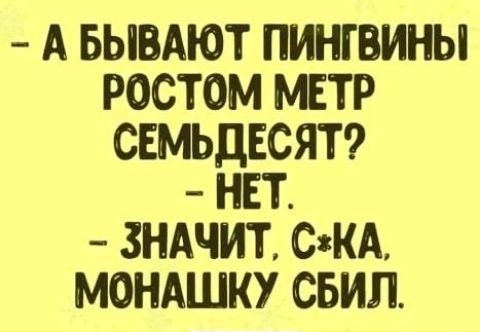 А БЫВАЮТ ПИНГВИНЫ РОСТОМ МЕТР СЕМЬДЕСЯТ НЕТ ЗНАЧИТ СітКА МОНАШКУ СБИЛ