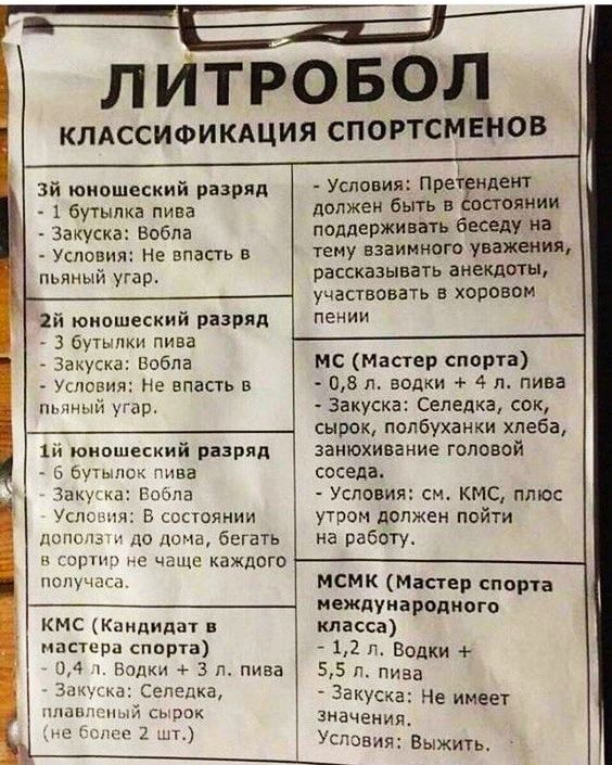 Зй юношеский разряд 1 бутылка пива Закуска вобла Условия не впасть пьяный угар 2й юиашеский разряд 3 бутылки пива Закуска Вобла _ Уппсви а впасть в шшый угар па юношеский разряд в аулси ива В ьсстоянии он дашь бегать м кв чаше каждпго поп и КМС Кандидат в мастера спорта 4 Надю 3 л пива ЛИТРОБОЛ КЛАССИФИКАЦИЯ СПОРТСМЕНОВ Условия Пре идеи г должен быть в пьяниц поддерживать беседуна тему взаимного у
