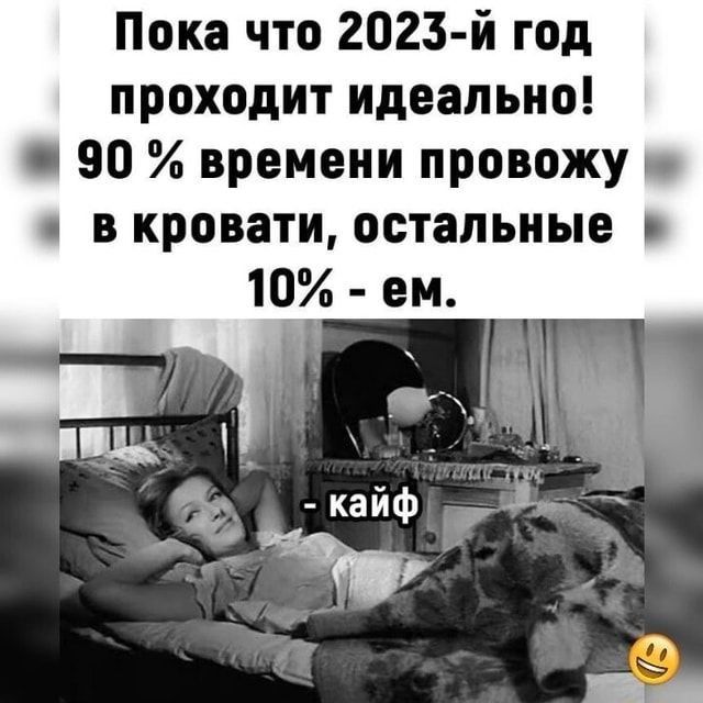 Пока что 2023 й год проходит идеально 90 и времени провожу в кровати остальные