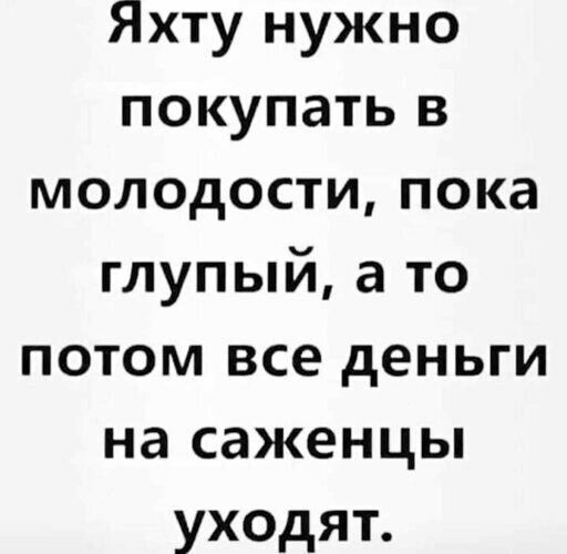 Яхту нужно покупать в молодости пока глупый а то потом все деньги на саженцы уходят