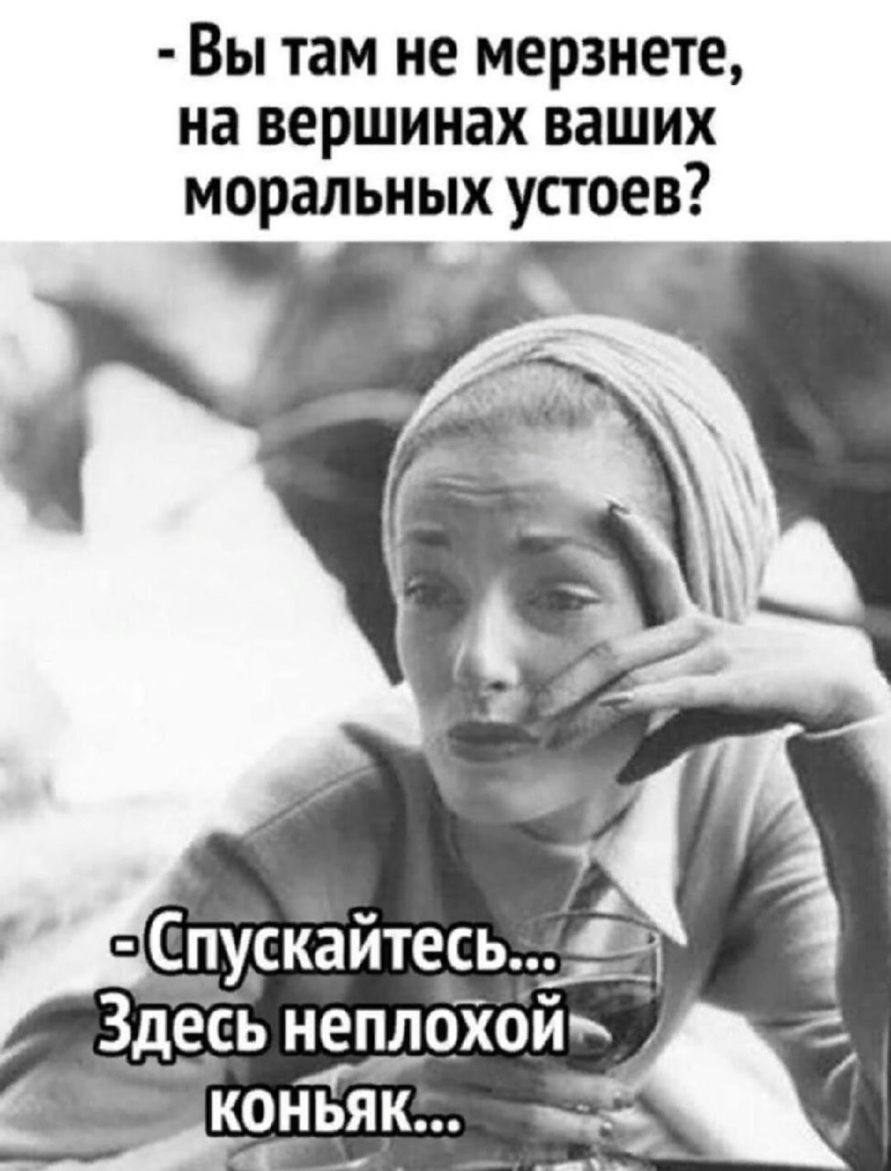 - Вы там не мерзнете, на вершинах ваших моральных устоев?
- Спускайтесь... Здесь неплохой коньяк...