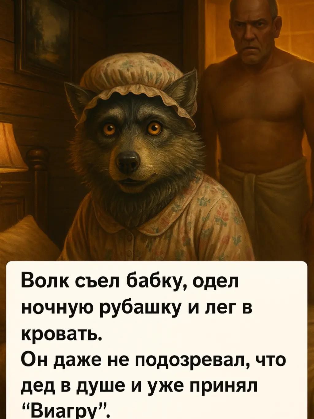 Волк съел бабку, одел ночную рубашку и лег в кровать.
Он даже не подозревал, что дед в душе и уже принял “Виагру”.
