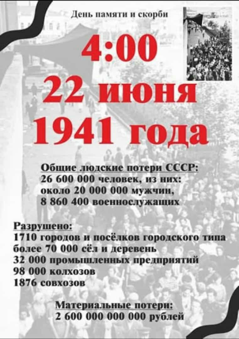 1941 года Общие людские потери СССР 26 600 000 человек из них около 20 000 000 мужчин В 860 400 воениослужящих Разрушщо 70 городов и посёлков городского тим более 70 000 сёл и деревень 32 000 промышленных преприятий 98 000 колхозов 1876 совхозов Мшрдцьнщщшрщ 2 600 000 000 000 рублей