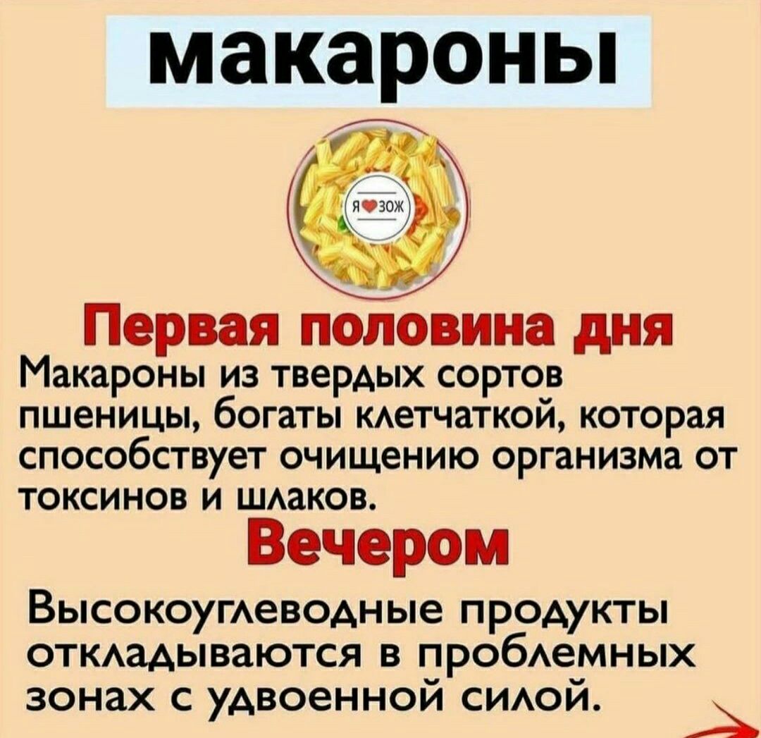 макароны Первая половина дня Макароны из твердых сортов пшеницы богаты КАетчаткой которая способствует ОЧИЩЕНИЮ организма ОТ ТОКСИНОВ И ШАаКОВ Вечером Высокоугеводные продукты ОТКадываются в пробАемных зонах с удвоеннои сиой