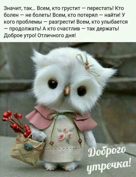 Значит так Всем кто грустит перестать Кто болен не болеть Всем кто потерял найти У кого проблемы разгрести Всем кто улыбается продолжать А кто счастлив так держать доброе утро Отличного дня
