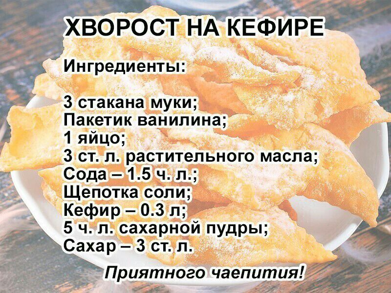 ХВОРОСТ НА КЕЁИРЕ Ингредиенты 3 стакана муки Пакетик ванилина 1 яйцо 3 стл растительного масла Сода 15 чл Щепотка соли Кефир 03 л 5 ч л сахарной пудры Сахар 3 ст л Пруятного чаепитиЁі 936 455