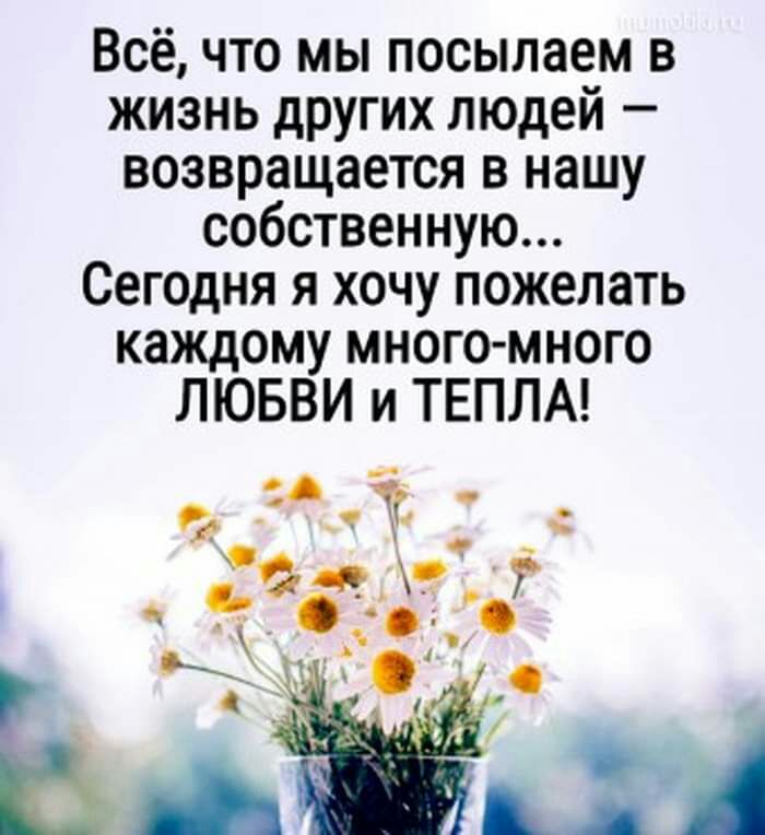 Всё что мы посылаем в жизнь других людей возвращается в нашу собственную Сегодня я хочу пожелать каждому много много ЛЮБВИ и ТЕПЛА