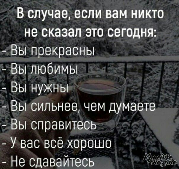 В случае если вам никто не сказал это сегодня Вы прекрасны Вы любимы Вы нужны Вы сильнее чем думаете Вы справитесь У вас все хорошо Не сдавайтесь