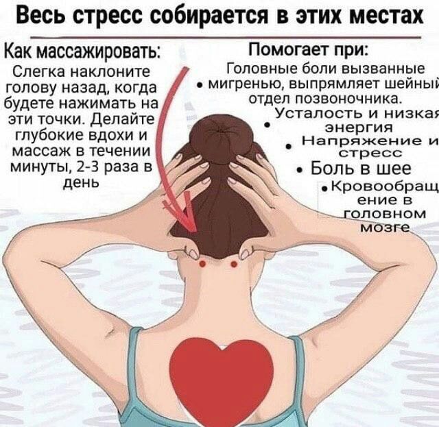 Весь стресс собирается в этих местах Как МЗССЗЖИРОВЗТЬ ПОМОГаеТ ПРИ Слегка Наклоните Головные боли вызванные голову назад когда мигренью выпрямляет шейньп будете нажимать на отдел позвоночника эти точки Делайте Усталость и низкая ЭНЕ ГИЯ глубокие вдохи и _ напряржение и массаж в течении стресс минуты 2 3 раза в Боль в шее Кровообращ ение в _гдг_1_овном м0зге_