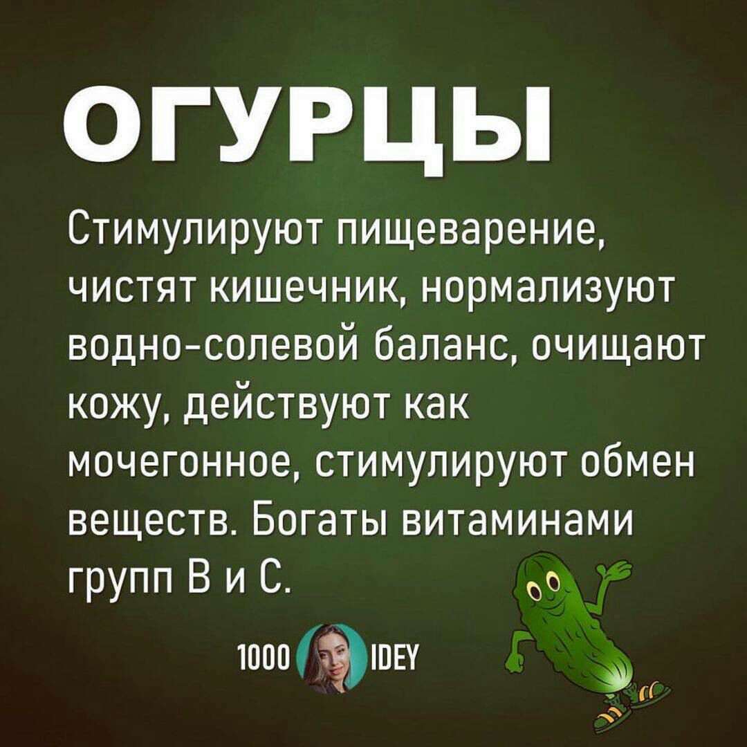 ОГУРЦЫ Стимулируют пищеварение чистят кишечник нормализуют водно солевой баланс очищают кожу действуют как мочегонное стимулируют обмен веществ Богаты витаминами групп В и С о шоп это у
