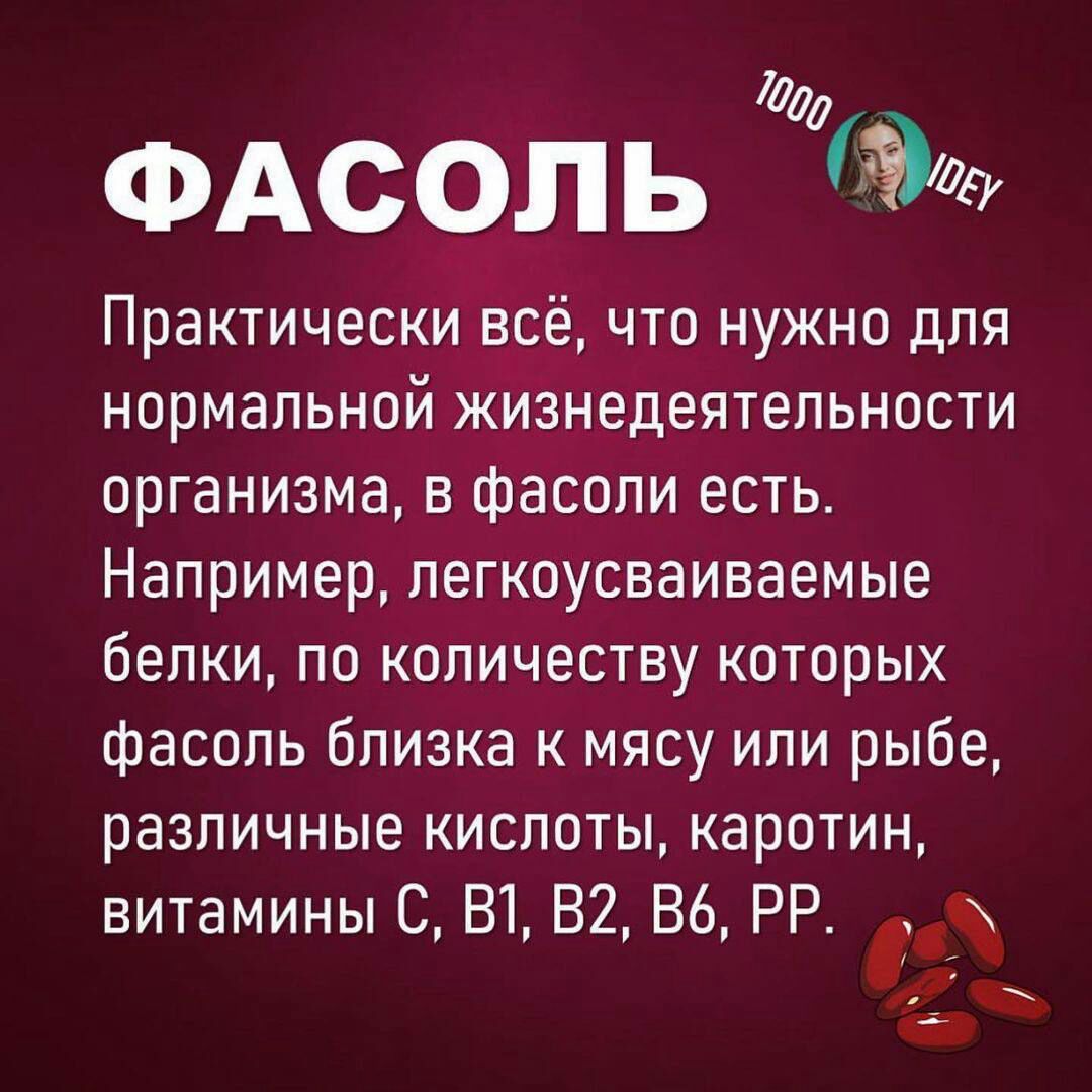 ФАсопь Практически всё что нужно для нормальной жизнедеятепьности организма в фасоли есть Например пегкоусваиваемые белки по количеству которых фасоль близка к мясу или рыбе различные кислоты каротин витамины С В1 82 86 РР