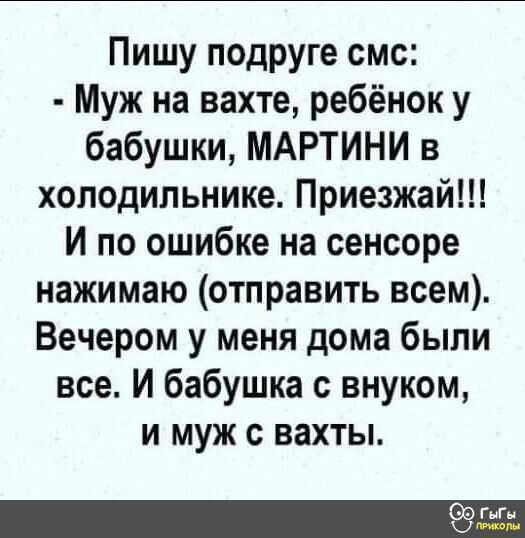 Пишу подруге смс Муж на вахте ребёнок у бабушки МАРТИНИ в холодильнике Приезжай И по ошибке на сенсоре нажимаю отправить всем Вечером у меня дома были все И бабушка с внуком и муж с вахты 95 га