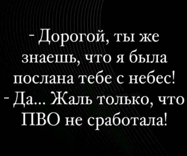 Дорогой ты же знаешь что я была послана тебе с небес Да Жаль только что ПВО не сработала