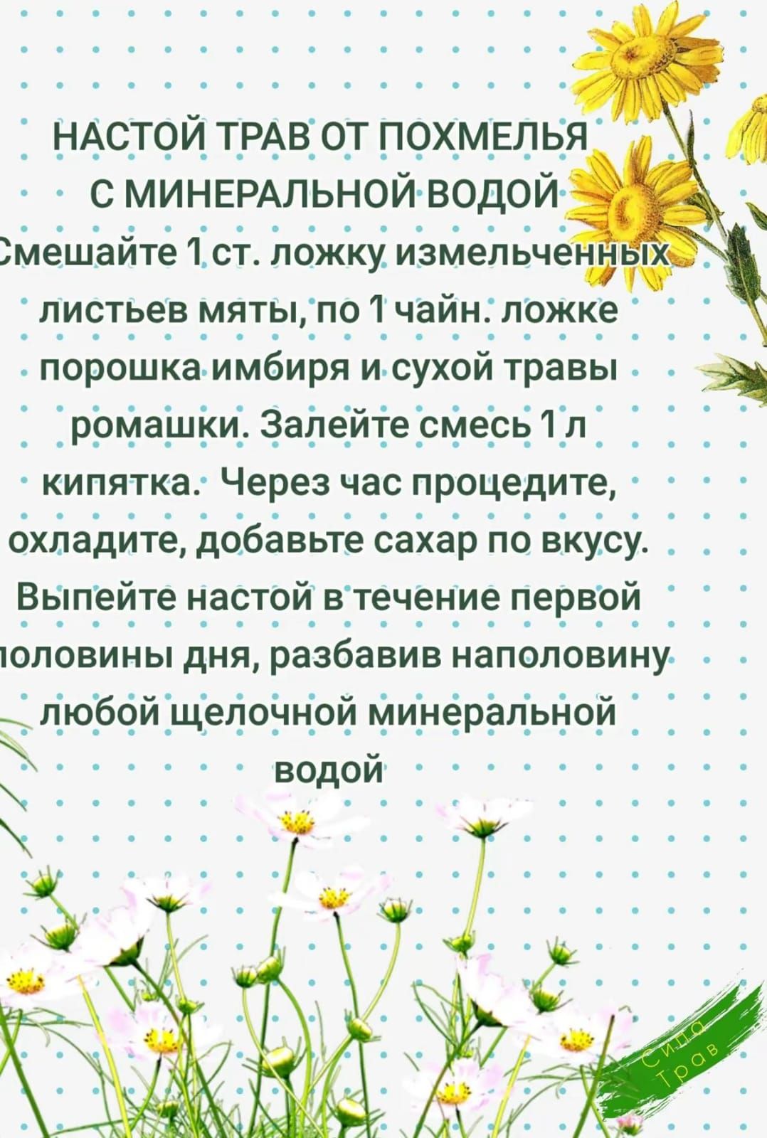 НАСТОЙ ТРАВ ОТ ПОХМЕЛЬЯ охладите добавьте сахар по вкусу Выпейте настой втечение первой