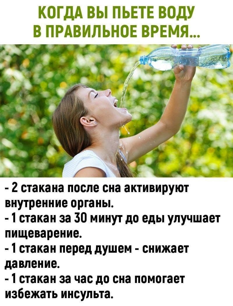 КОГДА ВЫ ПЬЕТЕ ВОДУ В ПРАВИЛЬНОЕ ВРЕМЯ а аш й 2 стакана после сна активируют внутренние органы 1 стакан за 30 минут до еды улучшает пищеварение 1 стакан перед душем снижает давление 1 стакан за час до сна помогает избежать инсульта