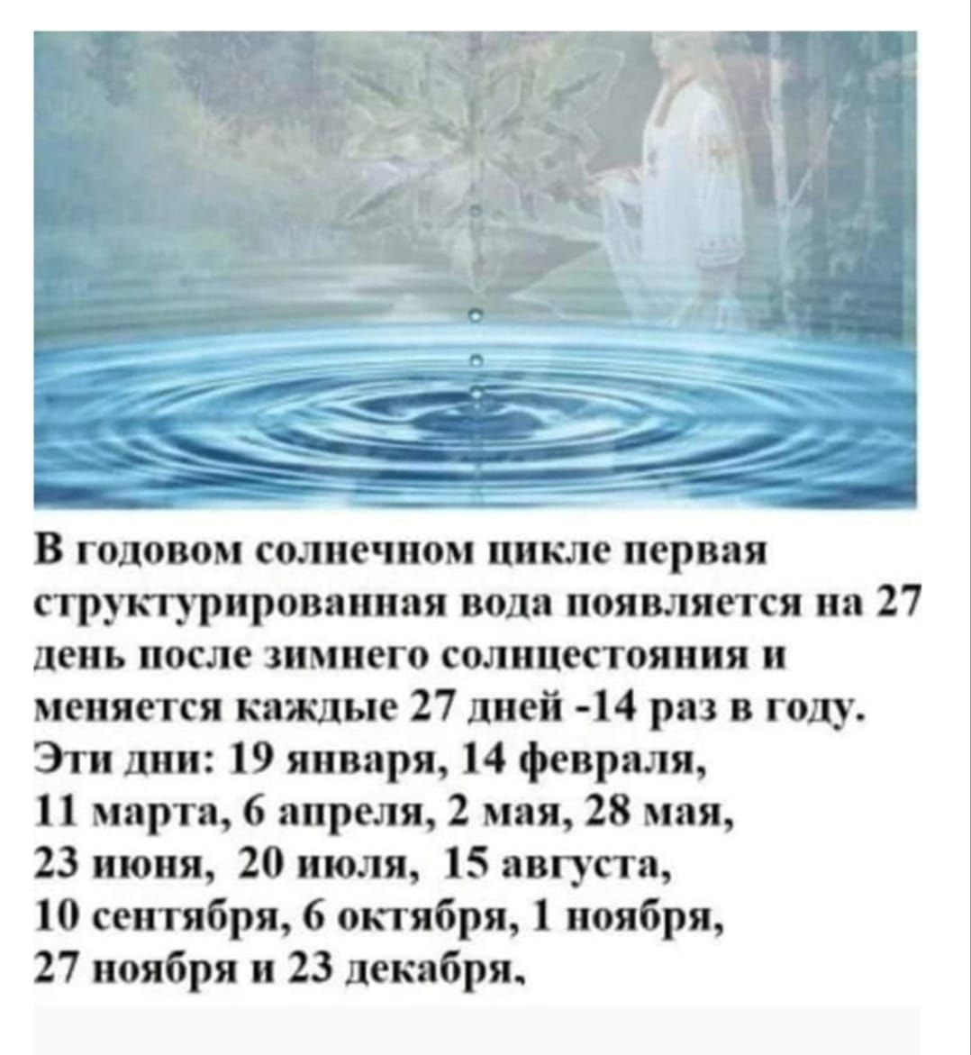 В годовом солнечном цикле первая структурированная вода появляется на 27 день после зимнего солнцестояния и меняется каждые 27 дней 14 раз в году Эти дни 19 января 14 февраля 11 марта 6 апреля 2 мая 28 мая 23 июня 20 июля 15 августа 10 сентября 6 октября 1 ноября 27 ноября и 23 декабря