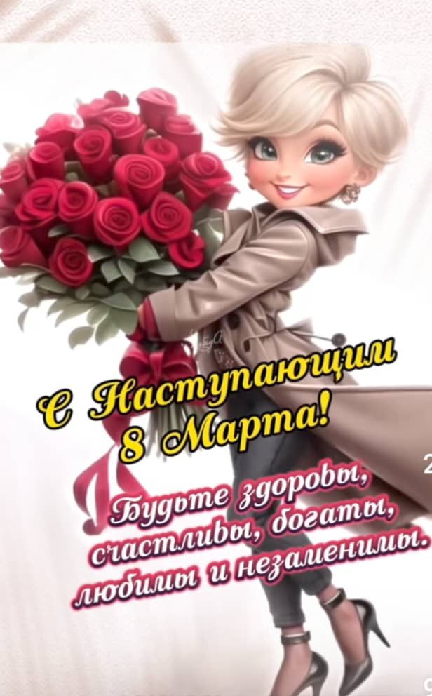 С Наступаючими 8 Марта! Будьте здоровы, счастливы, богаты, любимы и незаменимы.
