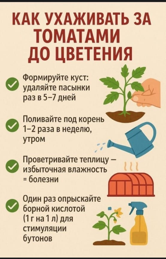 КАК УХАЖИВАТЬ ЗА ТОМАТАМИ ДО ЦВЕТЕНИЯ

✔ Формируйте куст: удаляйте пасынки раз в 5–7 дней

✔ Поливайте под корень 1–2 раза в неделю, утром

✔ Проверяйте теплицу — избыточная влажность = болезни

✔ Один раз опрыскайте борной кислотой (1 г на 1 л) для стимуляции бутонов