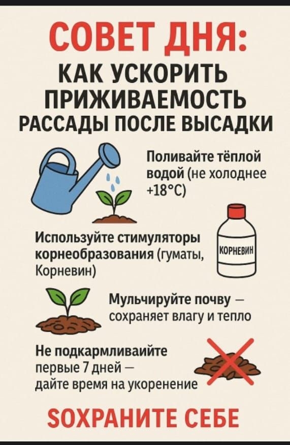 СОВЕТ ДНЯ: КАК УСКОРИТЬ ПРИЖИВАЕМОСТЬ РАССАДЫ ПОСЛЕ ВЫСАДКИ
Поливайте тёплой водой (не холоднее +18°C)
Используйте стимуляторы корнеобразования (гуматы, Корневин)
Мульчируйте почву — сохраняет влагу и тепло
Не подкармливайте первые 7 дней — дайте время на укоренение
СОХРАНИТЕ СЕБЕ