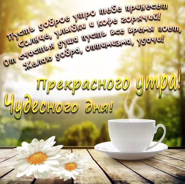 Пусть доброе утро тебе принесет солнце, улыбки и кофе горячий! От счастья душа пусть все время поет, Желаю добра, оптимизма, удачи! Прекрасного утра! Чудесного дня!