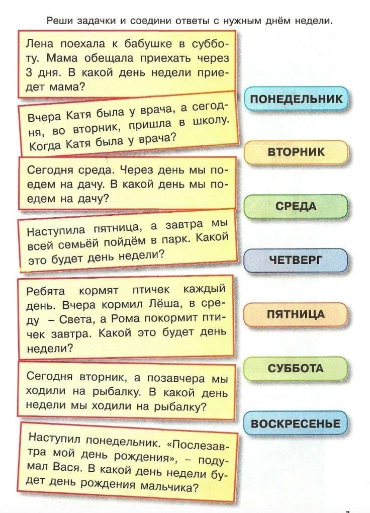 Лена поехала к бабушке в субботу. Мама обещала приехать через 3 дня. В какой день недели приедет мама?

Вчера Катя была у врача, а сегодня, в вторник, пришла в школу. Когда Катя была у врача?

Сегодня среда. Через день мы поедем на дачу? В какой день мы поедем на дачу?

Наступила пятница, а завтра мы всей семьей пойдем в парк. Какой это будет день недели?

Ребята кормят птичек каждый день. Вчера кормили Лёшу, а сегодня - Света, а Рома покормит птичек завтра. Какой будет день недели?

Сегодня вторник, а позавчера мы ходили на рыбалку. В какой день мы ходили на рыбалку?

Наступила понедельник. 