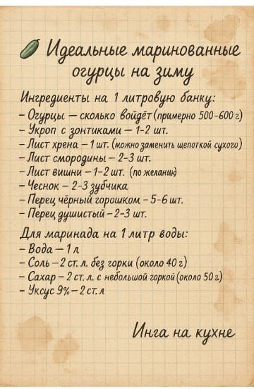 Идеальные маринованные огурцы на зиму

Ингредиенты на 1 литровую банку:
- Огурцы – сколько войдёт (примерно 500-600г)
- Укроп с зонтиками – 1-2 шт.
- Лист хрена – 1 шт. (можно заменить цветочком сухого)
- Лист смородины – 2-3 шт.
- Лист винны – 2-4 шт. (по желанию)
- Чеснок – 2-3 зубчика
- Перец чёрный горошком – 5-6 шт.
- Перец душистый – 2-3 шт.

Для маринада на 1 литр воды:
- Вода – 1 л
- Соль – 2 ст. л. без горки (около 40 г)
- Сахар – 2 ст. л. с небольшой горкой (около 50 г)
- Уксус 9% – 2 ст. л.

Как готовить: