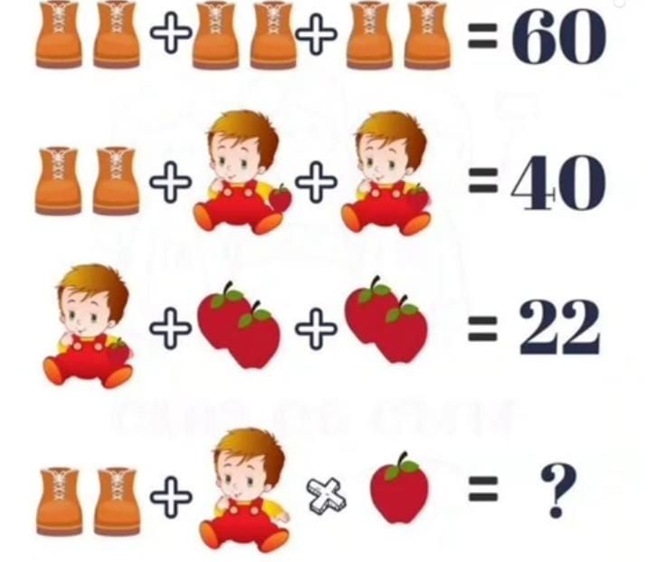 🍂 + 🍂 + 🍂 = 60
🍂 + 👶 + 👶 = 40
👶 + 👶 + 🍎 = 22
🍂 + 👶 × 🍎 = ?