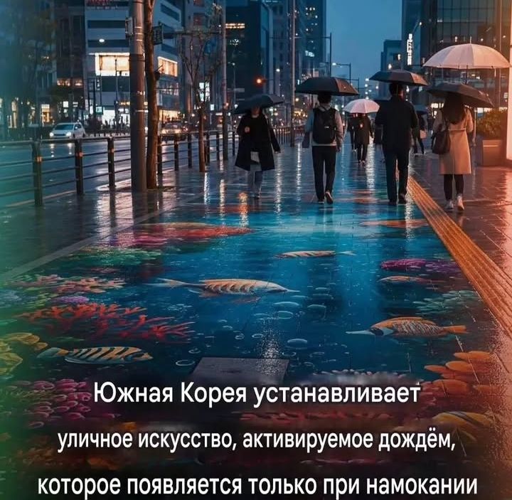 Южная Корея устанавливает уличное искусство, активируемое дождём, которое появляется только при намокании