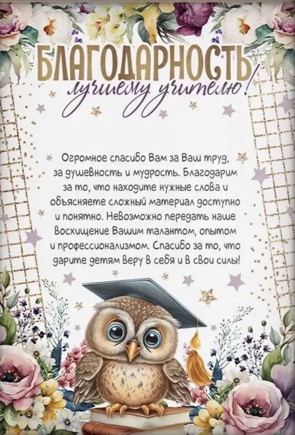 БЛАГОДАРНОСТЬ  лучшему учителю!

Огромное спасибо Вам за Ваш труд, за душевность и мудрость. Благодарим за то, что находите нужные слова и обясняете сложный материал доступно и понятно. Невозможно передать наше Восторжение Вашим талантом, опытом и профессионализмом. Спасибо за то, что дарите детям Верю в себя и в Свои силы!