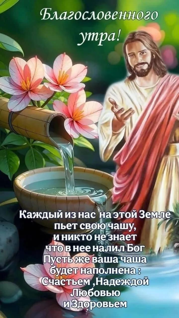Благословенного утра! Каждый из нас на этой Земле пьёт свою чашу, и никто не знает, что в неё налил Бог. Пусть же ваша чаша будет наполнена: счастьем, надеждой, любовью и здоровьем.